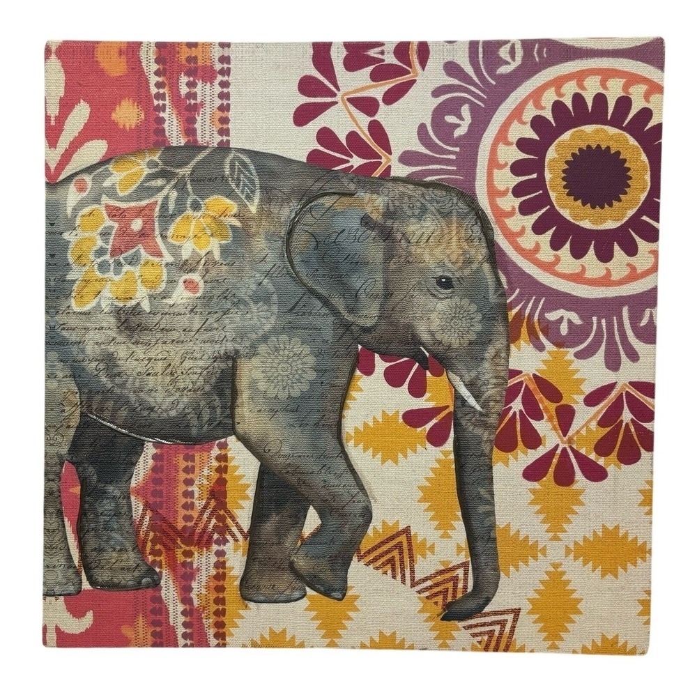 Elephant Canvas Wall Art 12 x 12 Boho Floral Print Ethnic Design Home Decor